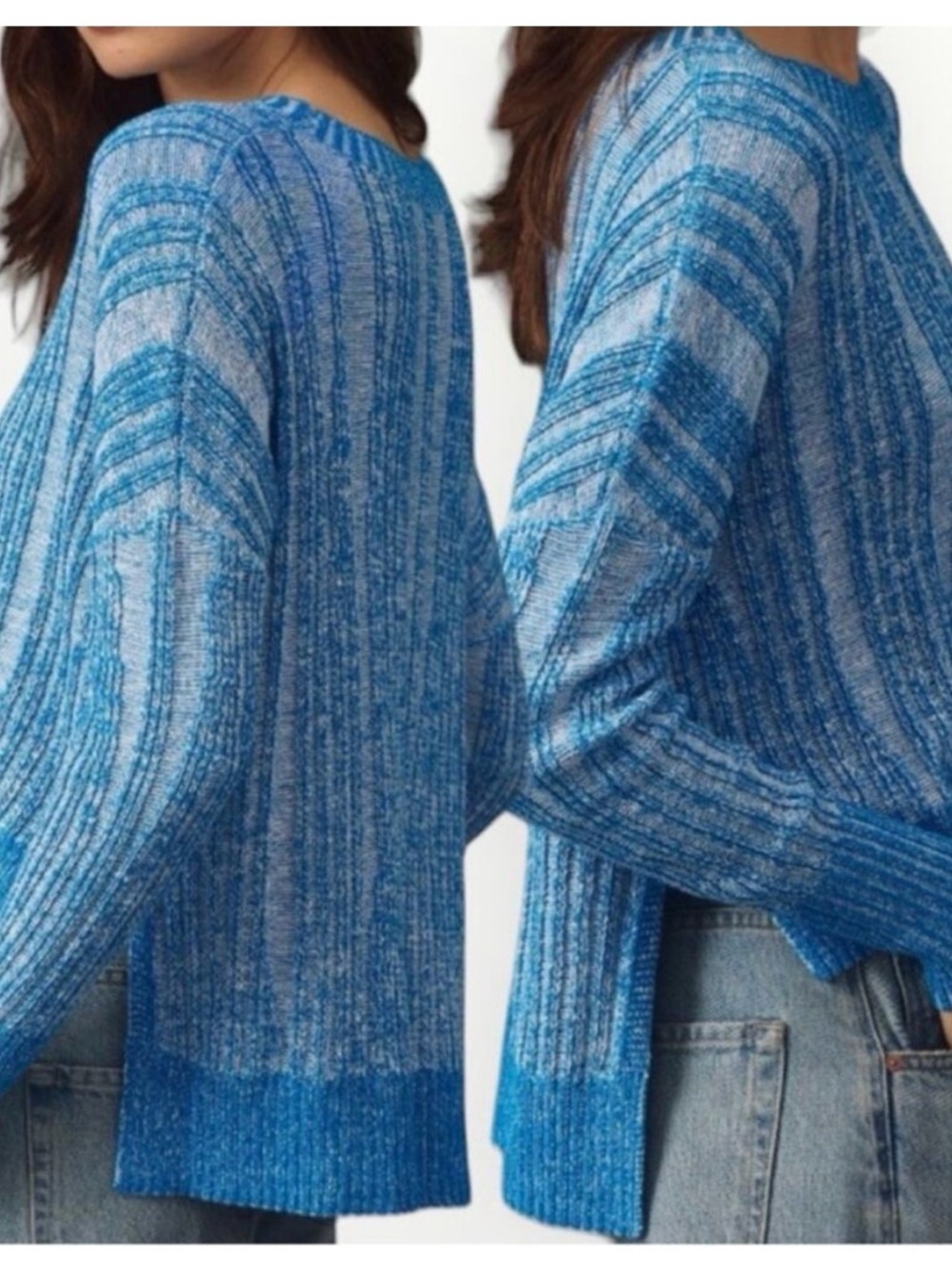 Anthropologie Textured High-Low Pullover Sweater Blue & White Size M